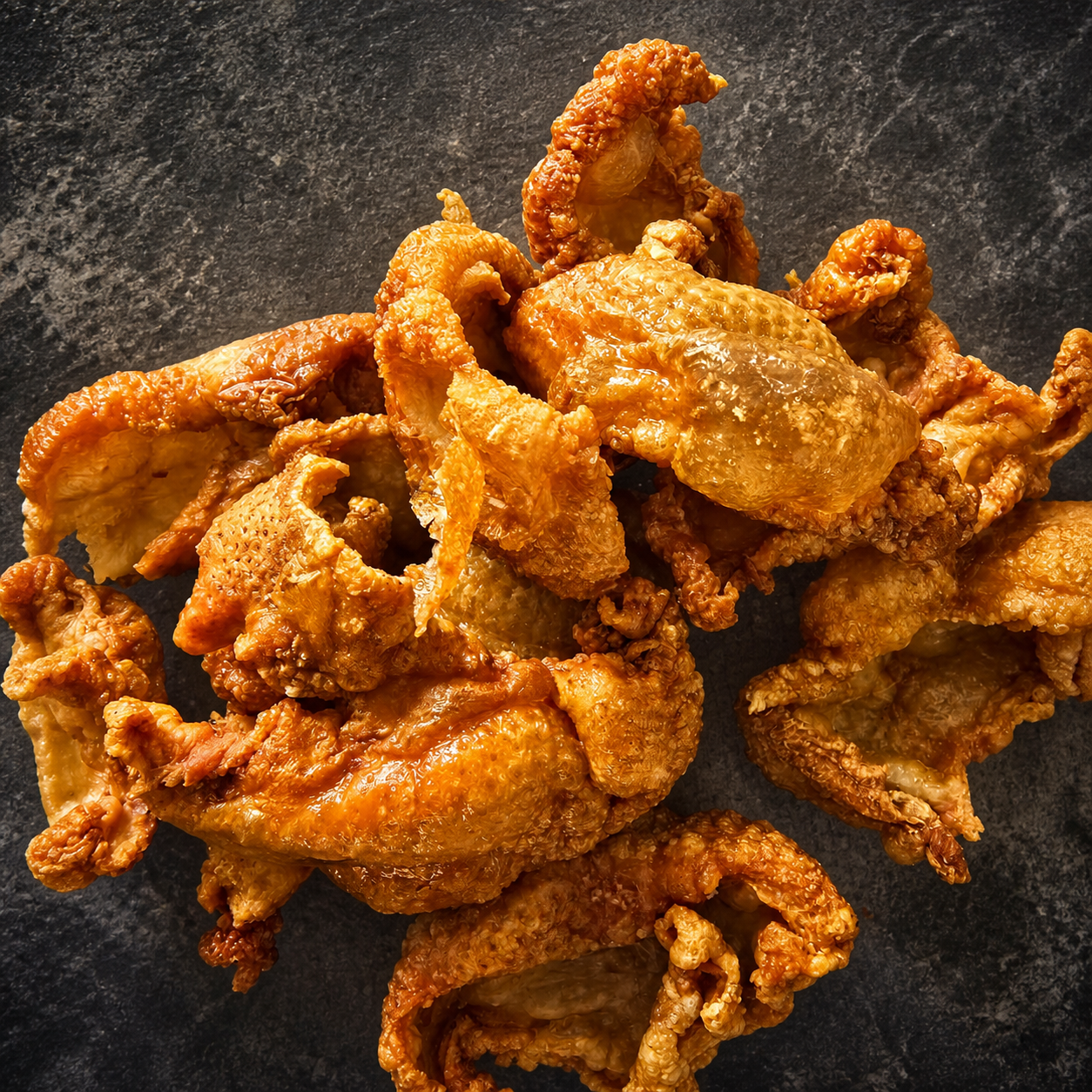 Golden, freshly fried chicken crackling on dark stone