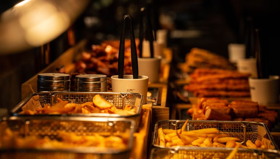 Crispy fried snacks in baskets