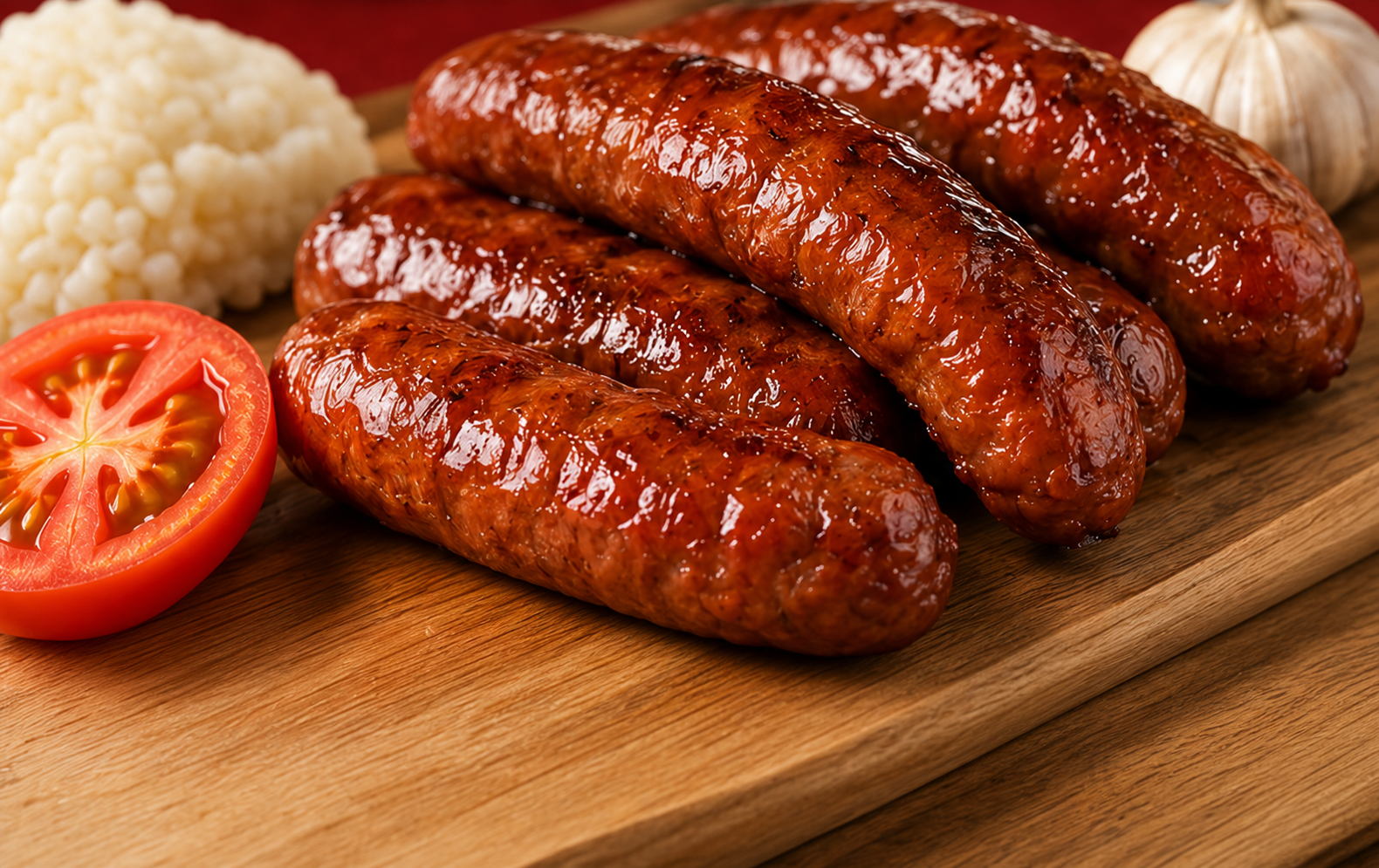 Cooked pork longganisa served on a wooden board with tomato, rice, and garlic