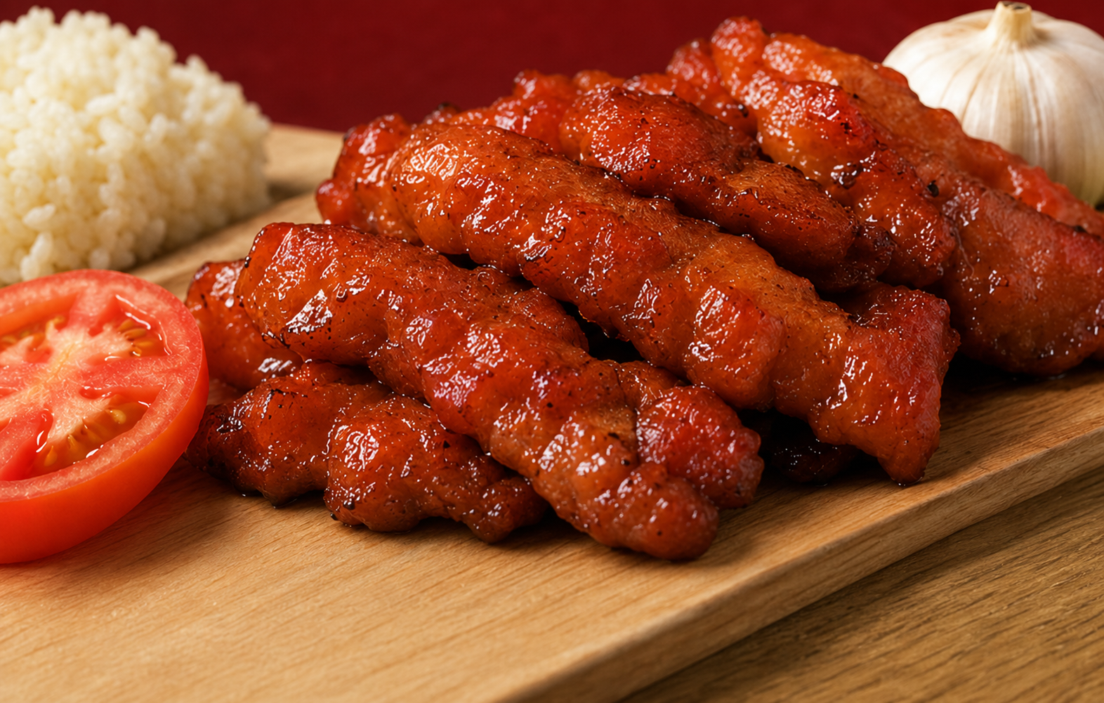 Cooked pork tocino served on a wooden board with tomato, rice, and garlic